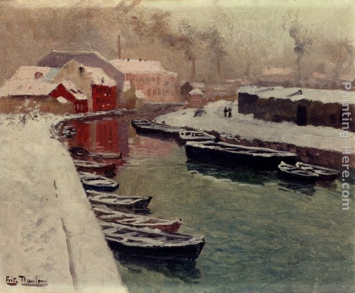 Fritz Thaulow A Snowy Harbor View